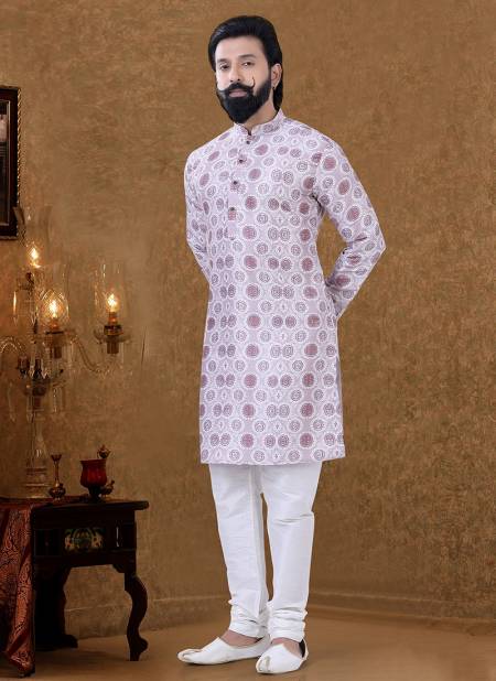 Off White Colour New Printed Ethnic Wear Cotton Mens Kurta Pajama Collection KS 1546